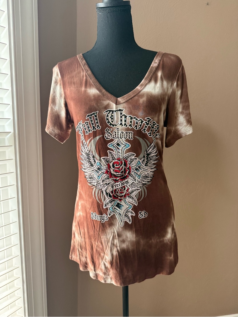 Full Throttle Saloon Biker Brown Tie-Dye V‑Neck Tee with V Back Size Medium
